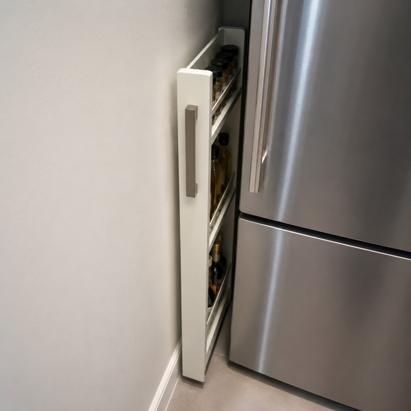 Botellero extraíble estrecho instalado entre la pared y el frigorífico para aprovechar espacios reducidos en la cocina.