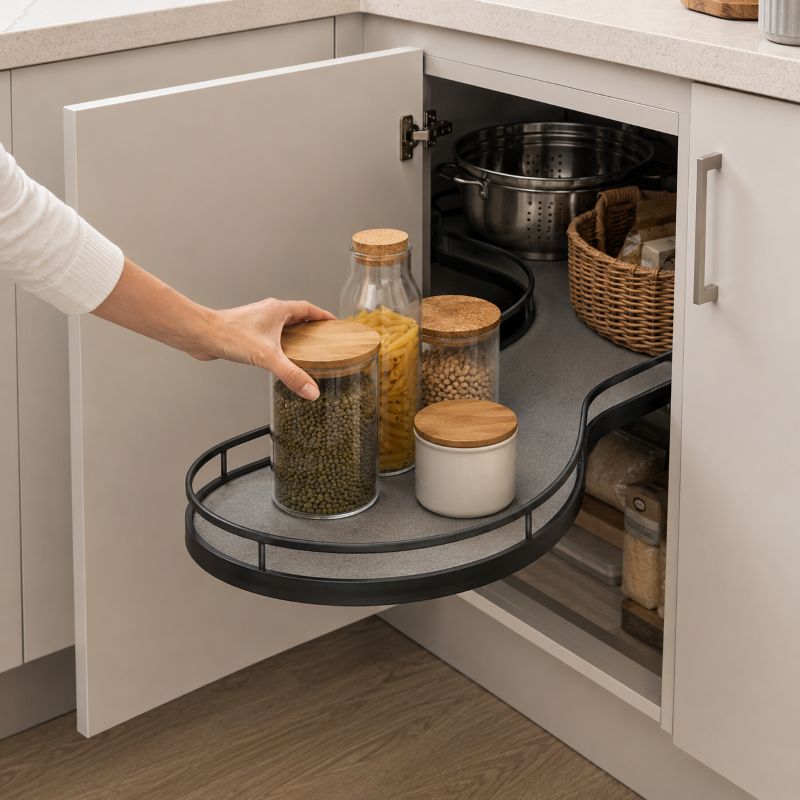 Mueble esquinero de cocina con bandeja extraíble abierta y una mano accediendo cómodamente a un recipiente situado al fondo del armario.