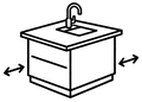 Icono lineal de isla de cocina en ligera perspectiva, con fregadero, grifo y flechas laterales que señalan el espacio de paso.