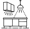 Icono lineal de iluminación en tres capas en cocina: luz bajo mueble alto, lámpara colgante central y luz en el zócalo.