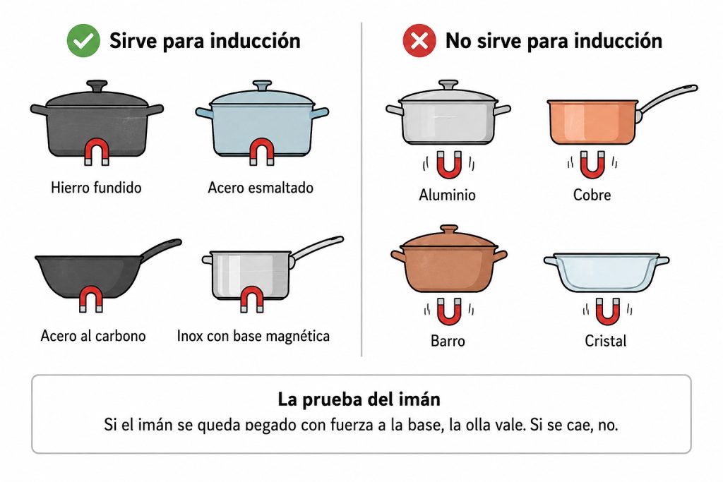 Comparativa de materiales de menaje válidos y no válidos para inducción con la prueba del imán en la base de cada recipiente