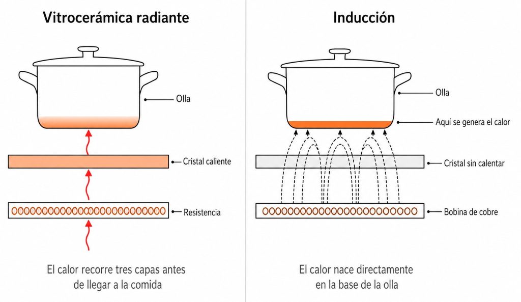 Sección comparada que muestra cómo el calor atraviesa el cristal en una vitrocerámica radiante y cómo se genera en la olla en una placa de inducción