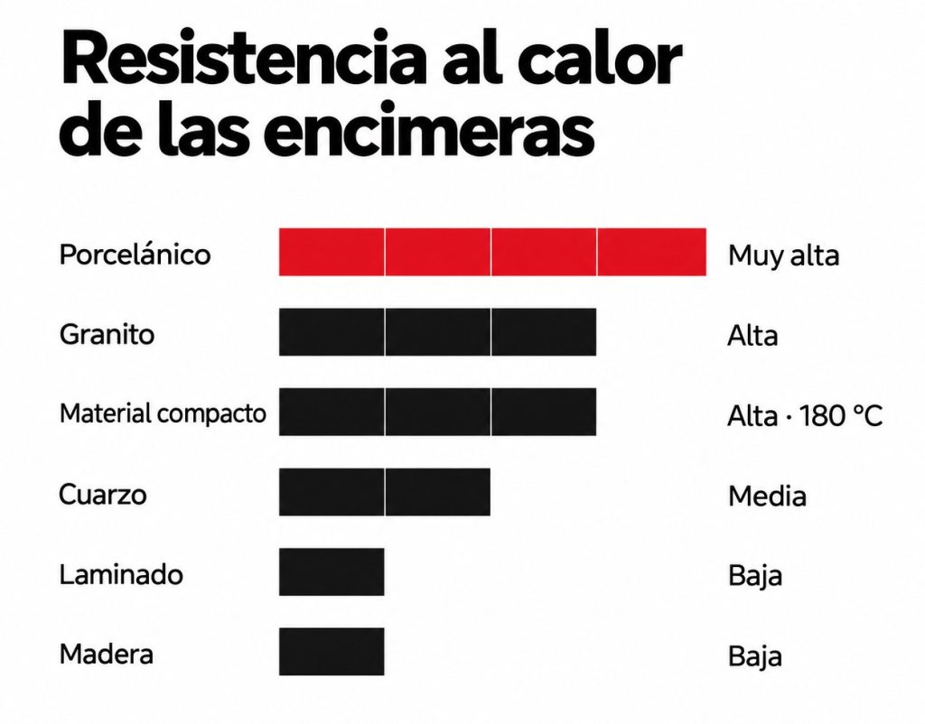 Gráfico de resistencia al calor de encimeras de porcelánico, granito, compacto, cuarzo, laminado y madera