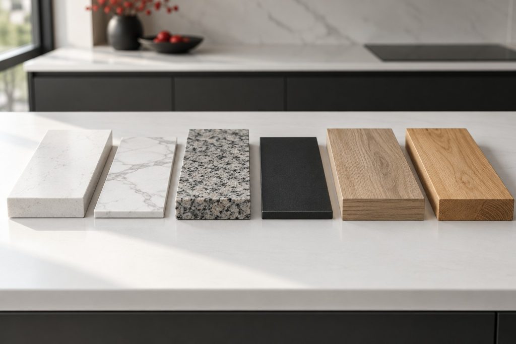Muestras de encimeras de cuarzo, porcelánico, granito, compacto, laminado y madera con el canto a la vista