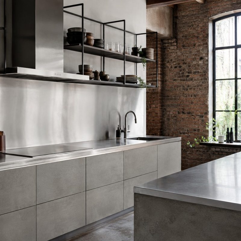 cocina-industrial-suave-sevilla Cocina de estilo industrial suave con frentes gris cemento, encimera de acero y estanterías abiertas de metal negro.