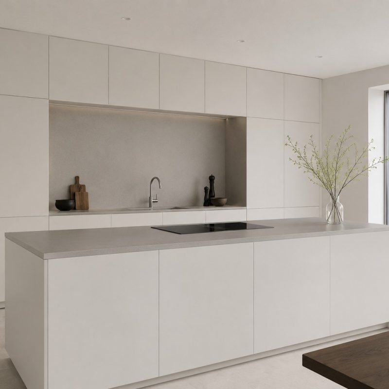 cocina-minimalista-sin-tiradores-sevilla Cocina minimalista con frentes lisos sin tiradores en blanco roto y electrodomésticos integrados.