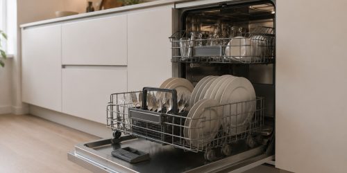 lavavajillas-integrado-cocina-sevilla Lavavajillas integrado con la puerta abierta y la cesta inferior extraída mostrando la vajilla.
