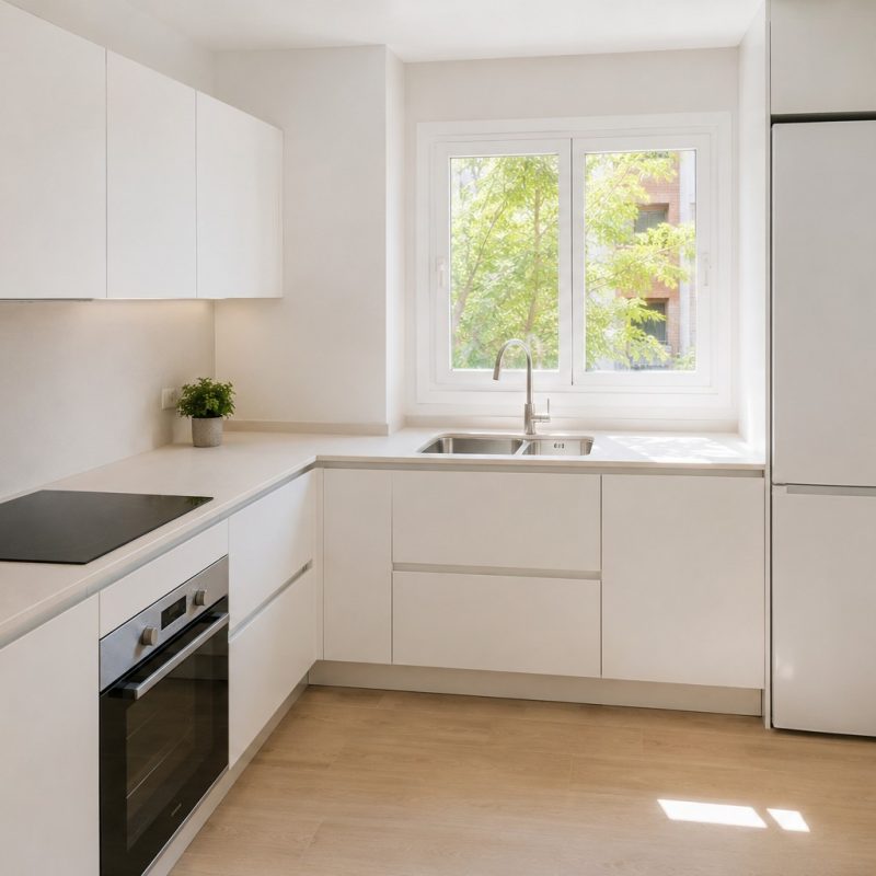 reforma-cocina-vender-alquilar-sevilla Cocina pequeña reformada con frentes blancos lisos y acabado neutro, lista para vender o alquilar.